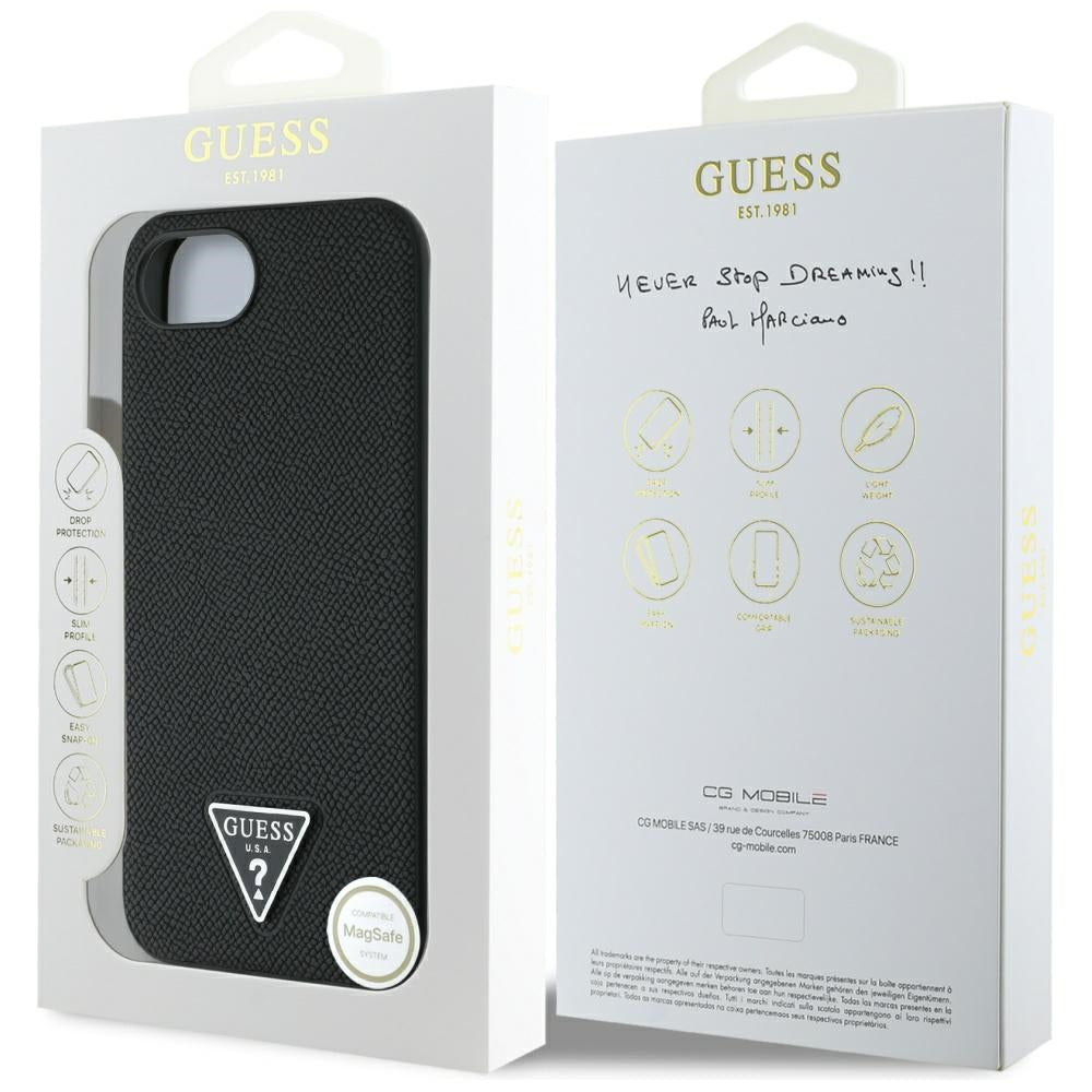 Puzdro MagSafe pre Apple iPhone 17e / 16e, Guess, Grained Triangle Logo, Čierne