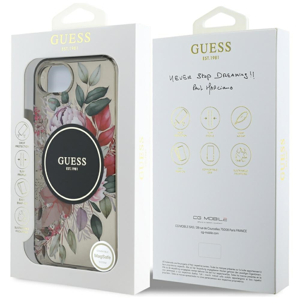 Puzdro MagSafe pre Apple iPhone 17e / 16e, Guess, IML Flowers, Čierne