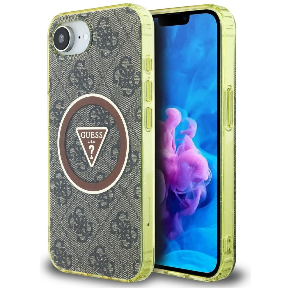 MagSafe Case for Apple iPhone 17e / 16e, Guess, IML Glitter 4G Circle Triangle, Brown