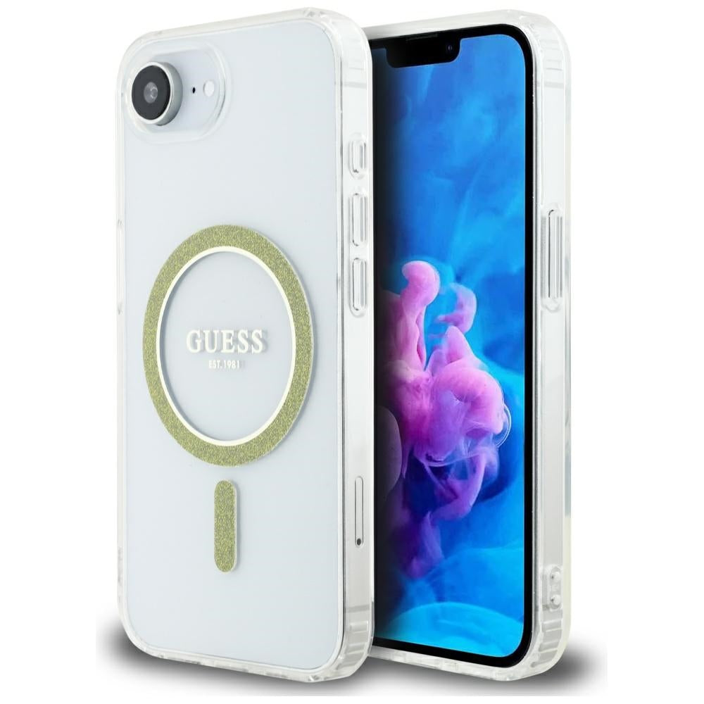 Puzdro MagSafe pre Apple iPhone 17e / 16e, Guess, IML Glitter Circle, Transparent