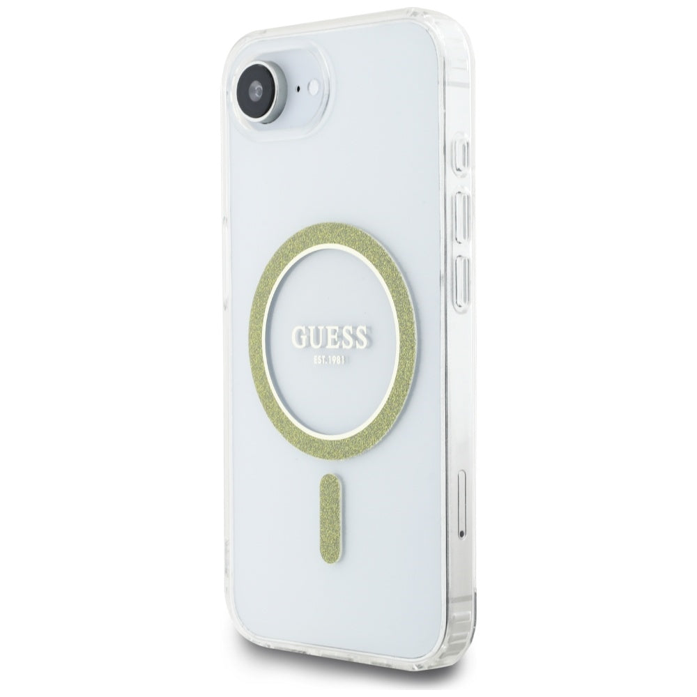 Puzdro MagSafe pre Apple iPhone 17e / 16e, Guess, IML Glitter Circle, Transparent