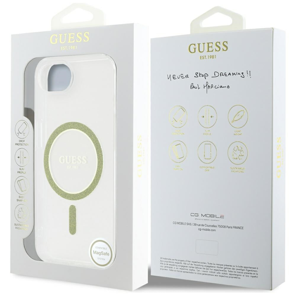 Puzdro MagSafe pre Apple iPhone 17e / 16e, Guess, IML Glitter Circle, Transparent