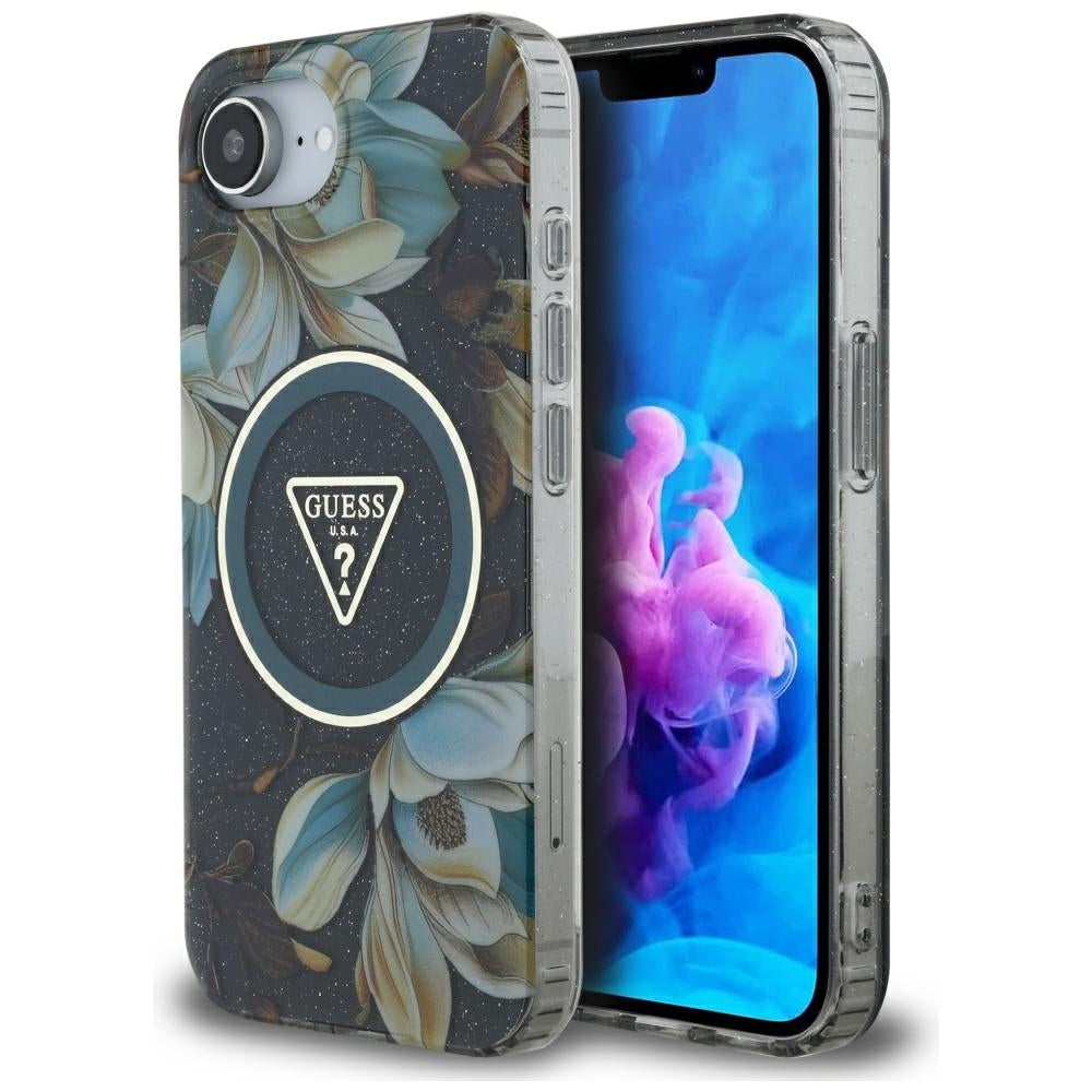 Puzdro MagSafe pre Apple iPhone 17e / 16e, Guess, IML Metal Glitter Flowers Triangle, Čierne