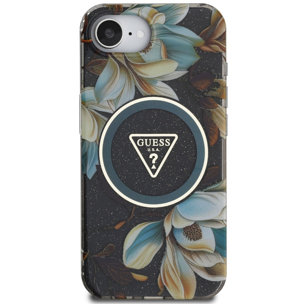Puzdro MagSafe pre Apple iPhone 17e / 16e, Guess, IML Metal Glitter Flowers Triangle, Čierne