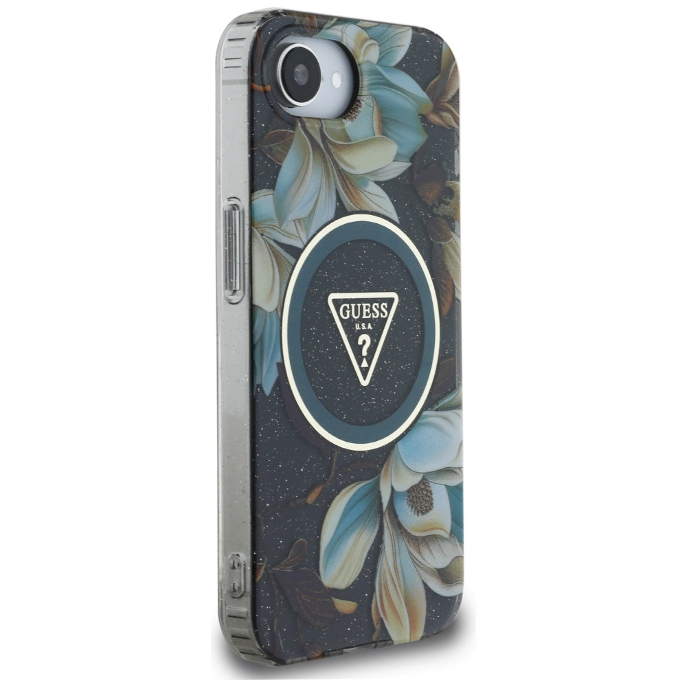 Puzdro MagSafe pre Apple iPhone 17e / 16e, Guess, IML Metal Glitter Flowers Triangle, Čierne