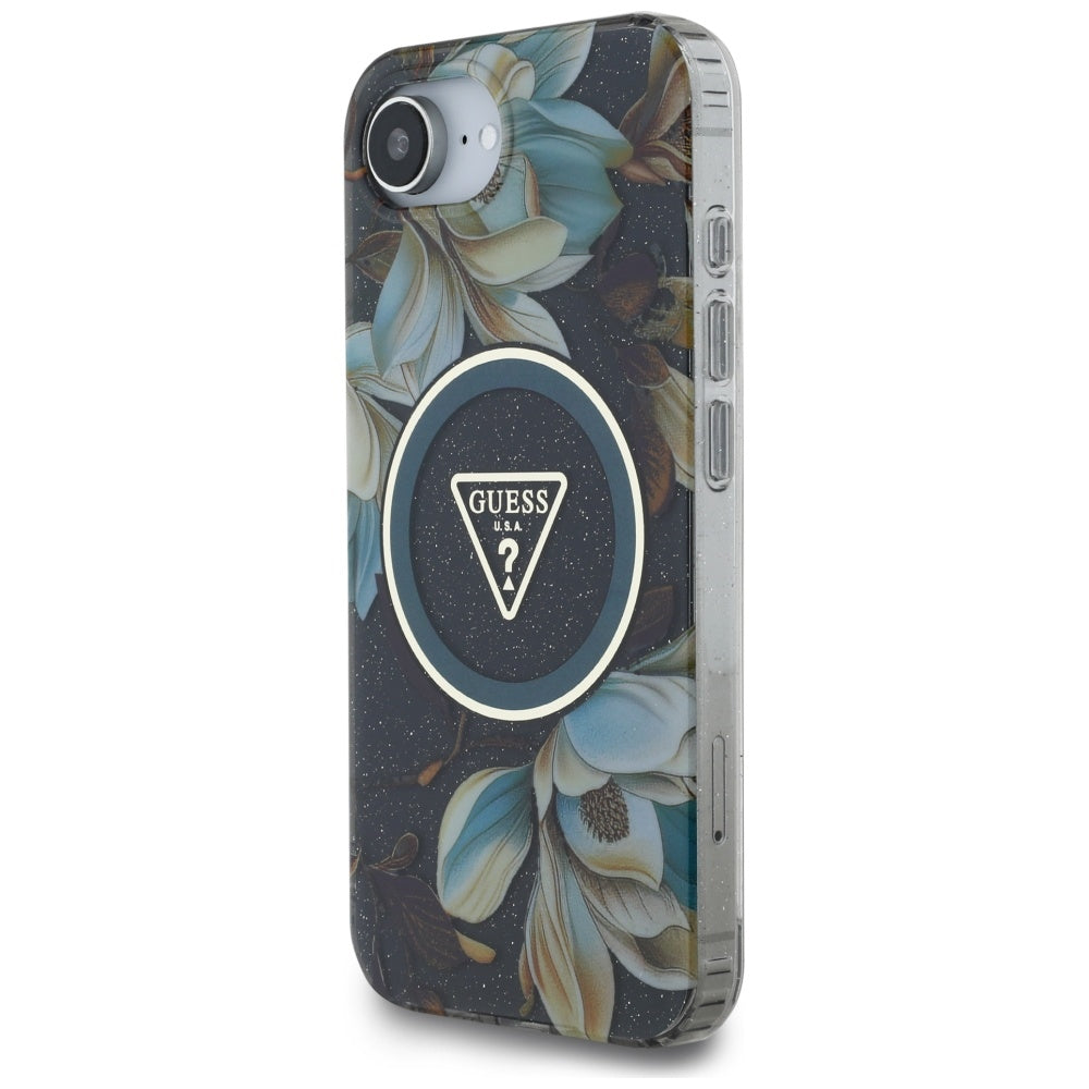 Puzdro MagSafe pre Apple iPhone 17e / 16e, Guess, IML Metal Glitter Flowers Triangle, Čierne