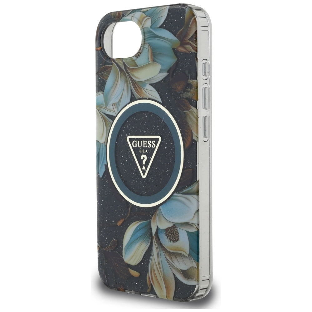 Puzdro MagSafe pre Apple iPhone 17e / 16e, Guess, IML Metal Glitter Flowers Triangle, Čierne