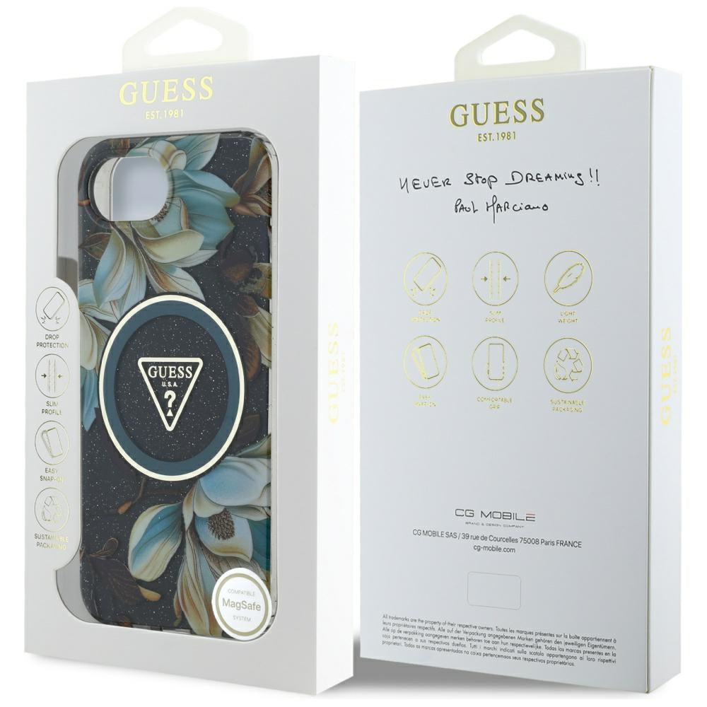 Puzdro MagSafe pre Apple iPhone 17e / 16e, Guess, IML Metal Glitter Flowers Triangle, Čierne