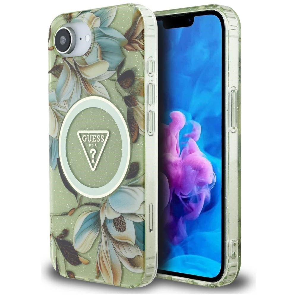 Puzdro MagSafe pre Apple iPhone 17e / 16e, Guess, IML Metal Glitter Flowers Triangle, Zelená