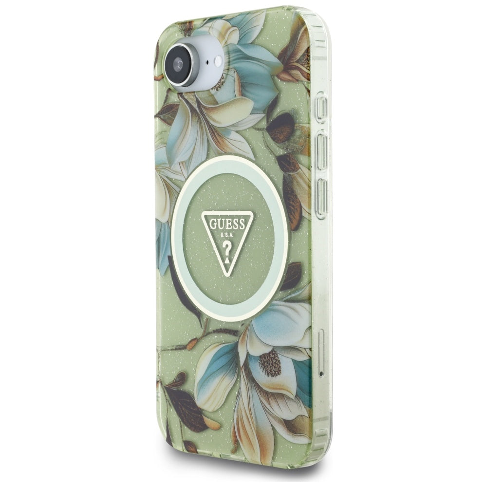 Puzdro MagSafe pre Apple iPhone 17e / 16e, Guess, IML Metal Glitter Flowers Triangle, Zelená