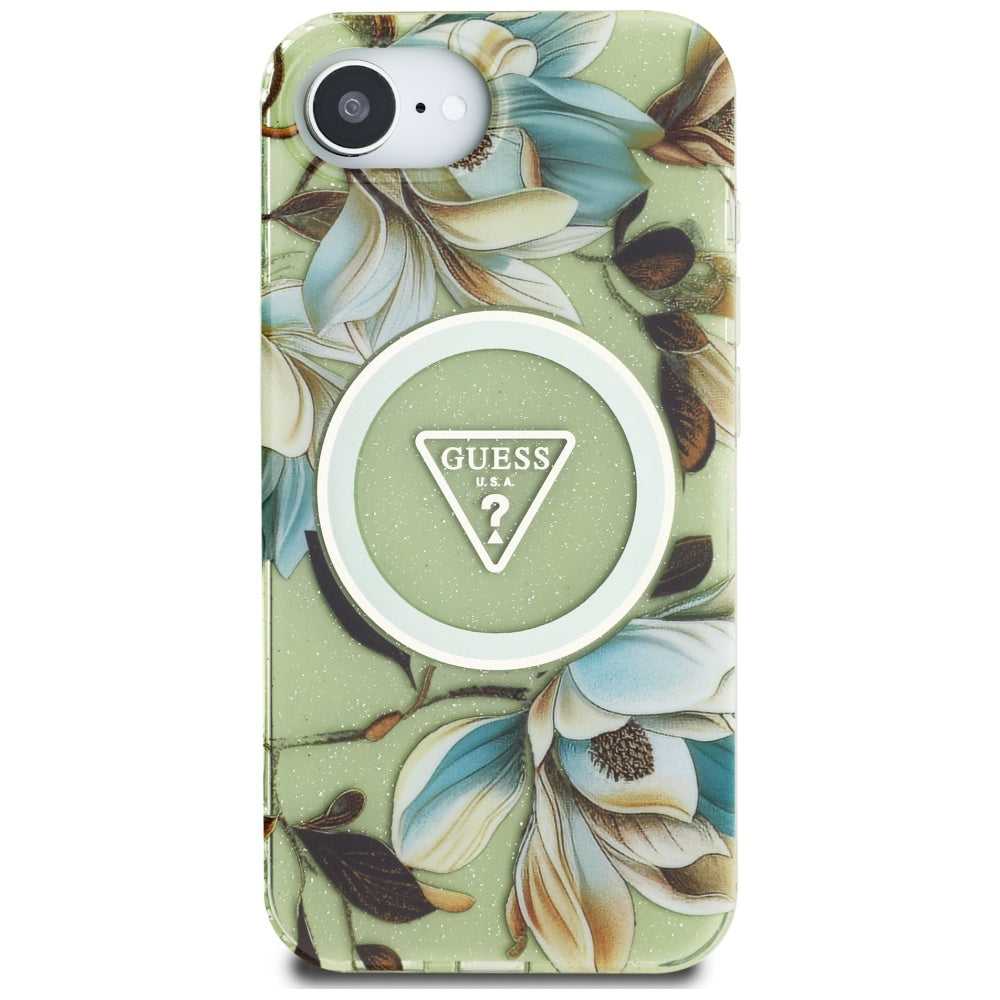 Puzdro MagSafe pre Apple iPhone 17e / 16e, Guess, IML Metal Glitter Flowers Triangle, Zelená