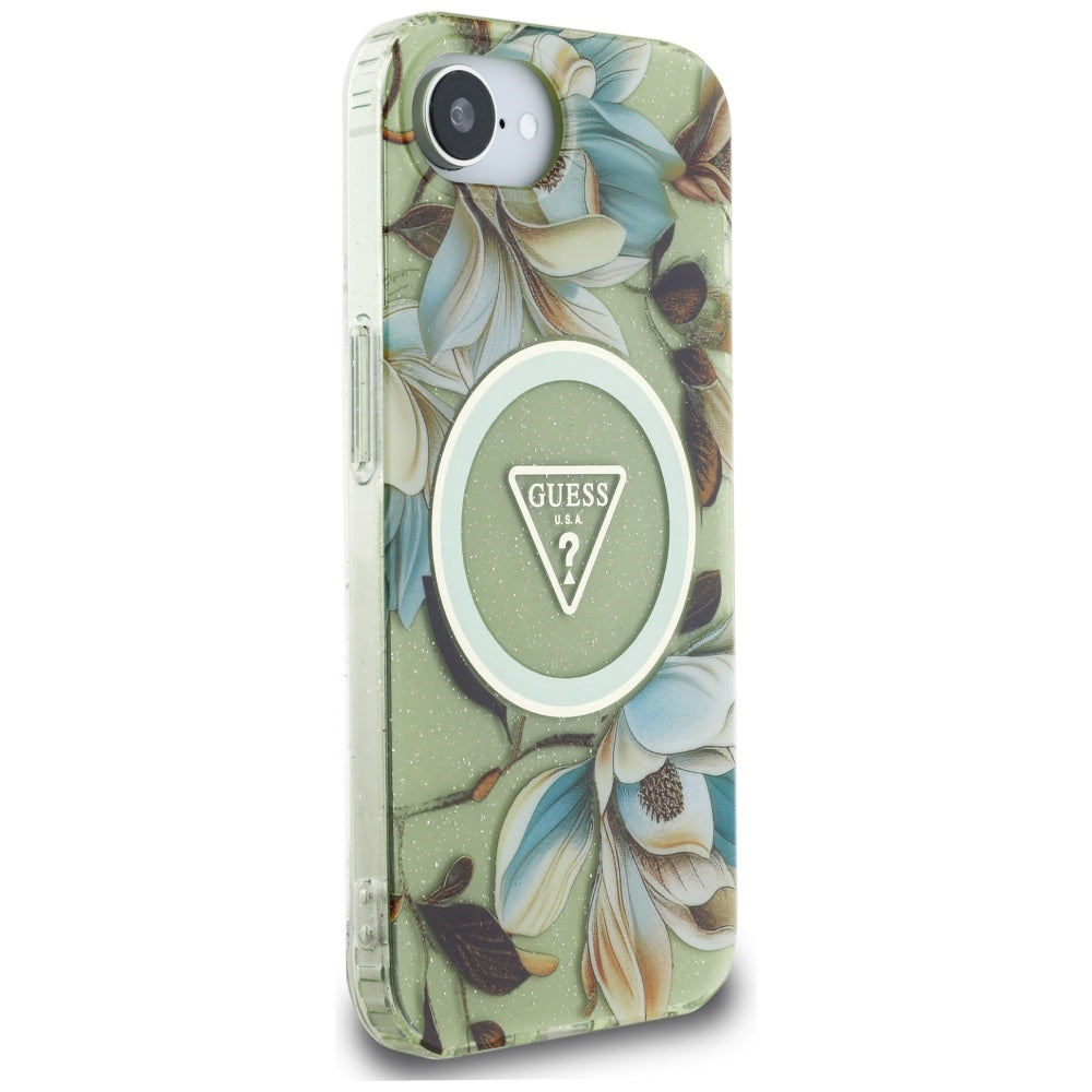 Puzdro MagSafe pre Apple iPhone 17e / 16e, Guess, IML Metal Glitter Flowers Triangle, Zelená