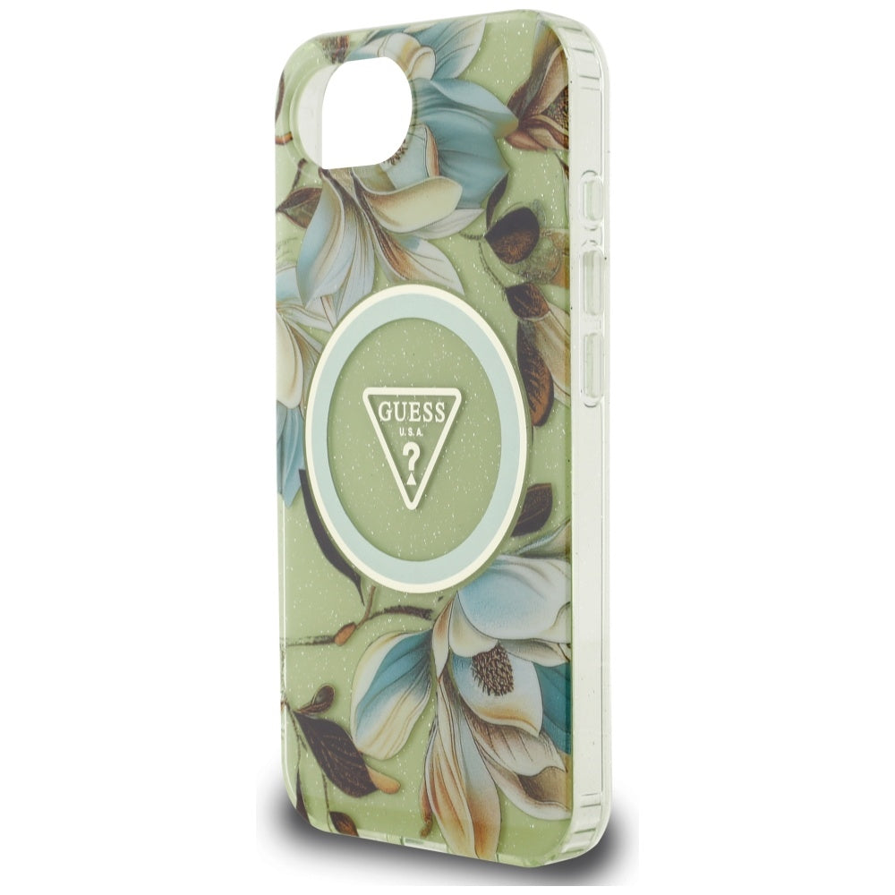 Puzdro MagSafe pre Apple iPhone 17e / 16e, Guess, IML Metal Glitter Flowers Triangle, Zelená