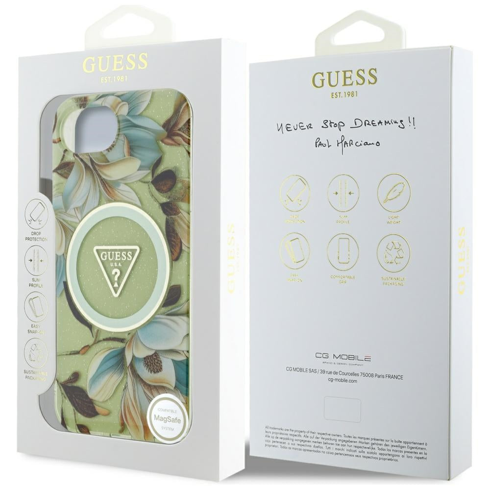 Puzdro MagSafe pre Apple iPhone 17e / 16e, Guess, IML Metal Glitter Flowers Triangle, Zelená