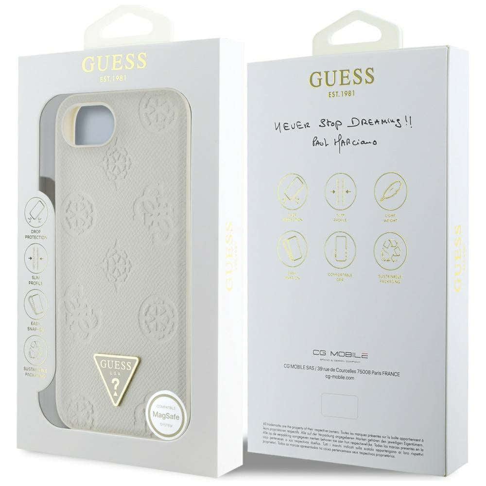 Puzdro MagSafe pre Apple iPhone 17e / 16e, Guess, Peony Grained Hot Stamp Triangle, Bežové