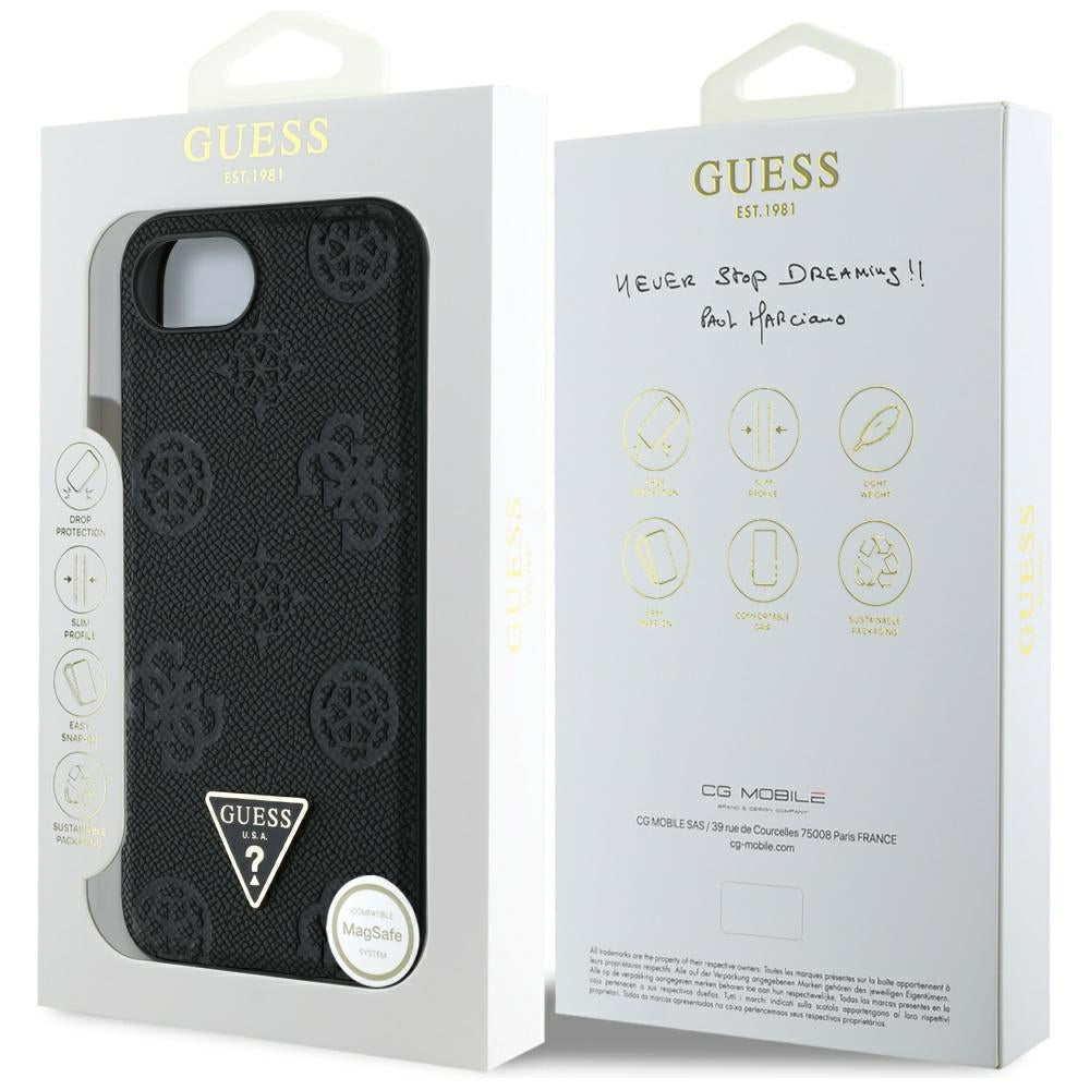 MagSafe Case for Apple iPhone 17e / 16e, Guess, Peony Grained Hot Stamp Triangle, Black