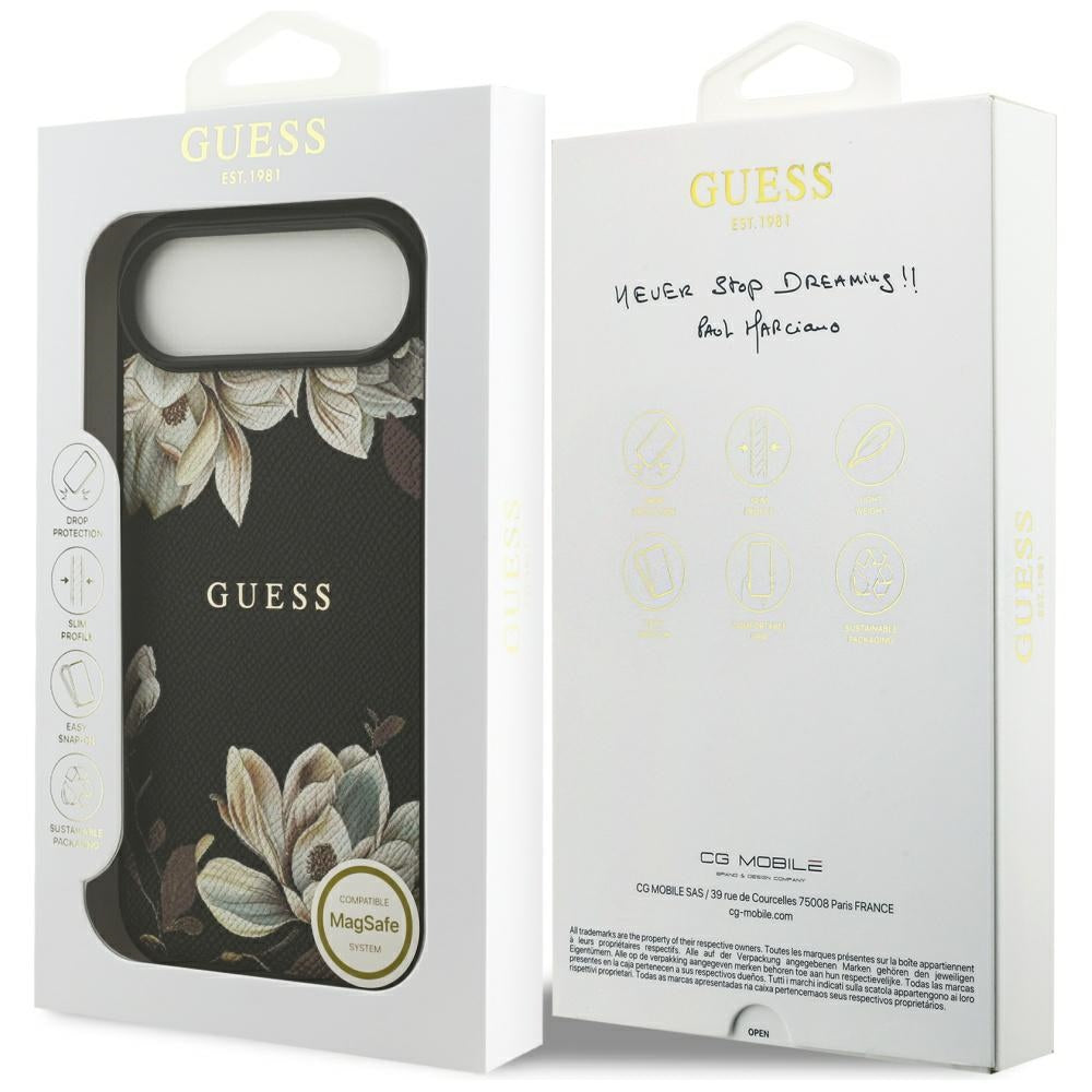 Puzdro MagSafe pre Apple iPhone 17 Air, Guess, Grained Flowers, Čierne
