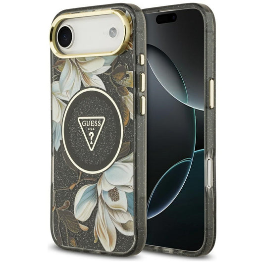 Puzdro MagSafe pre Apple iPhone 17 Air, Guess, IML Metal Glitter Flowers Triangle, Čierne