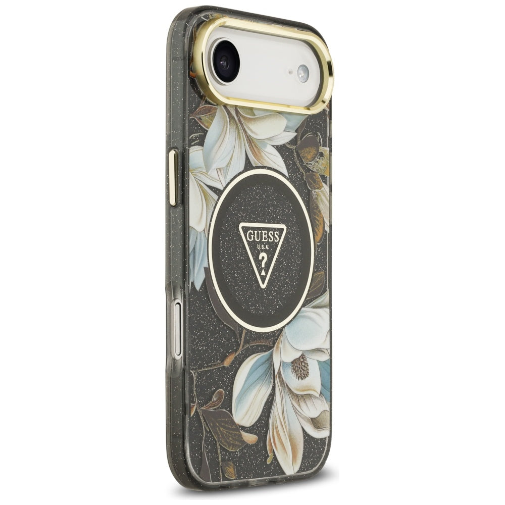 Puzdro MagSafe pre Apple iPhone 17 Air, Guess, IML Metal Glitter Flowers Triangle, Čierne