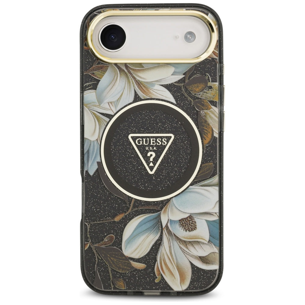 Puzdro MagSafe pre Apple iPhone 17 Air, Guess, IML Metal Glitter Flowers Triangle, Čierne