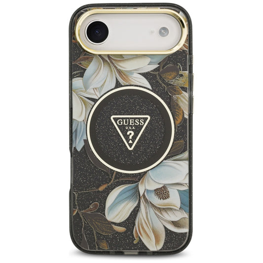 Puzdro MagSafe pre Apple iPhone 17 Air, Guess, IML Metal Glitter Flowers Triangle, Čierne