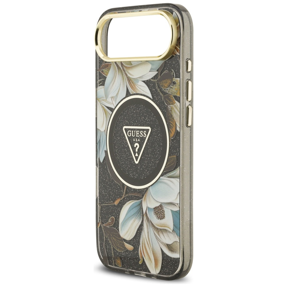 Puzdro MagSafe pre Apple iPhone 17 Air, Guess, IML Metal Glitter Flowers Triangle, Čierne