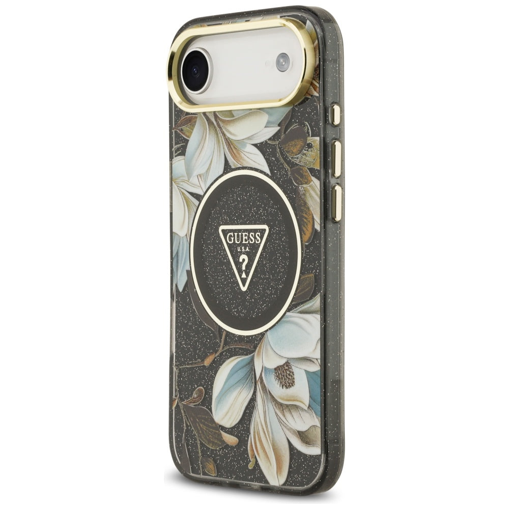 Puzdro MagSafe pre Apple iPhone 17 Air, Guess, IML Metal Glitter Flowers Triangle, Čierne