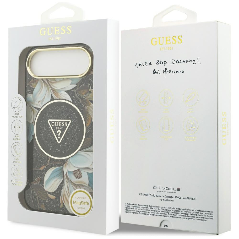 Puzdro MagSafe pre Apple iPhone 17 Air, Guess, IML Metal Glitter Flowers Triangle, Čierne