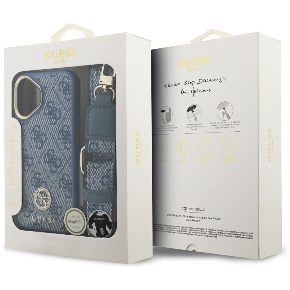 Puzdro MagSafe pre Apple iPhone 17, Guess, 4G Strass Logo with Big Strap, Modrá