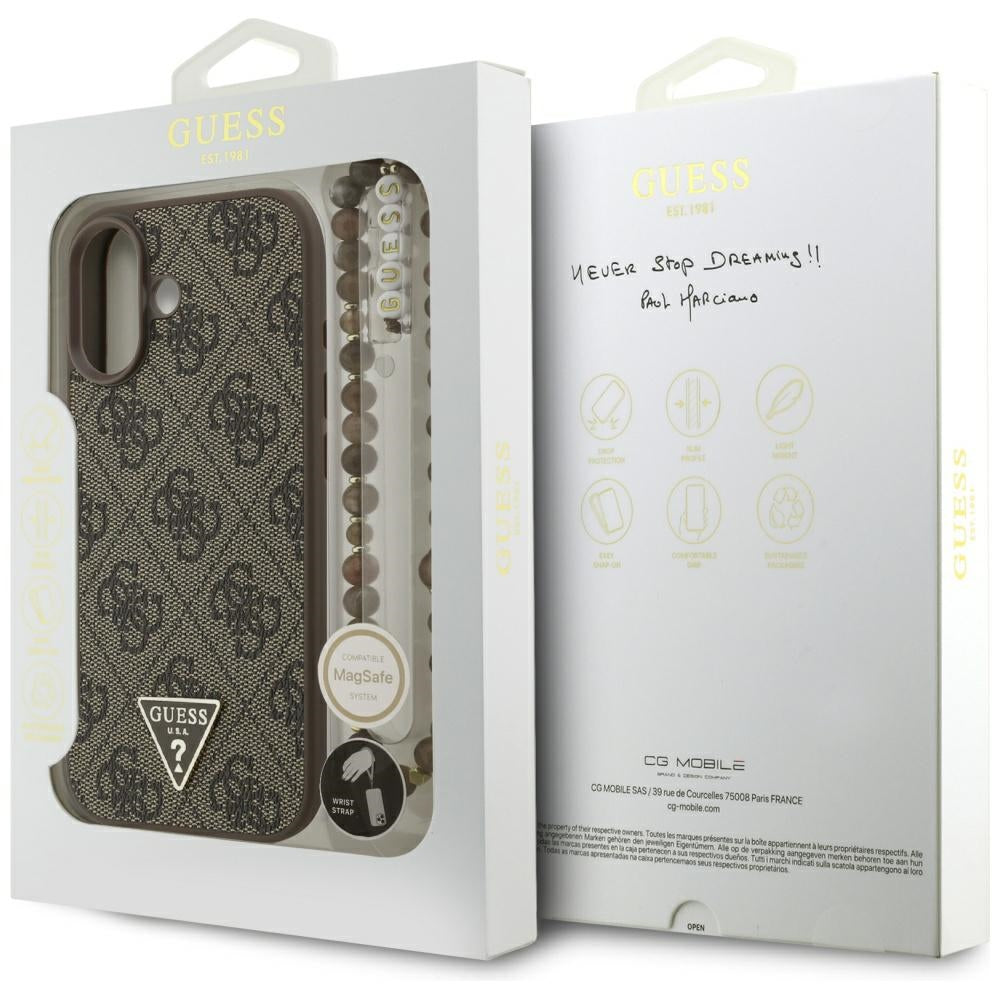 Puzdro MagSafe pre Apple iPhone 17, Guess, 4G Triangle Logo Cord Strap, Hnedá
