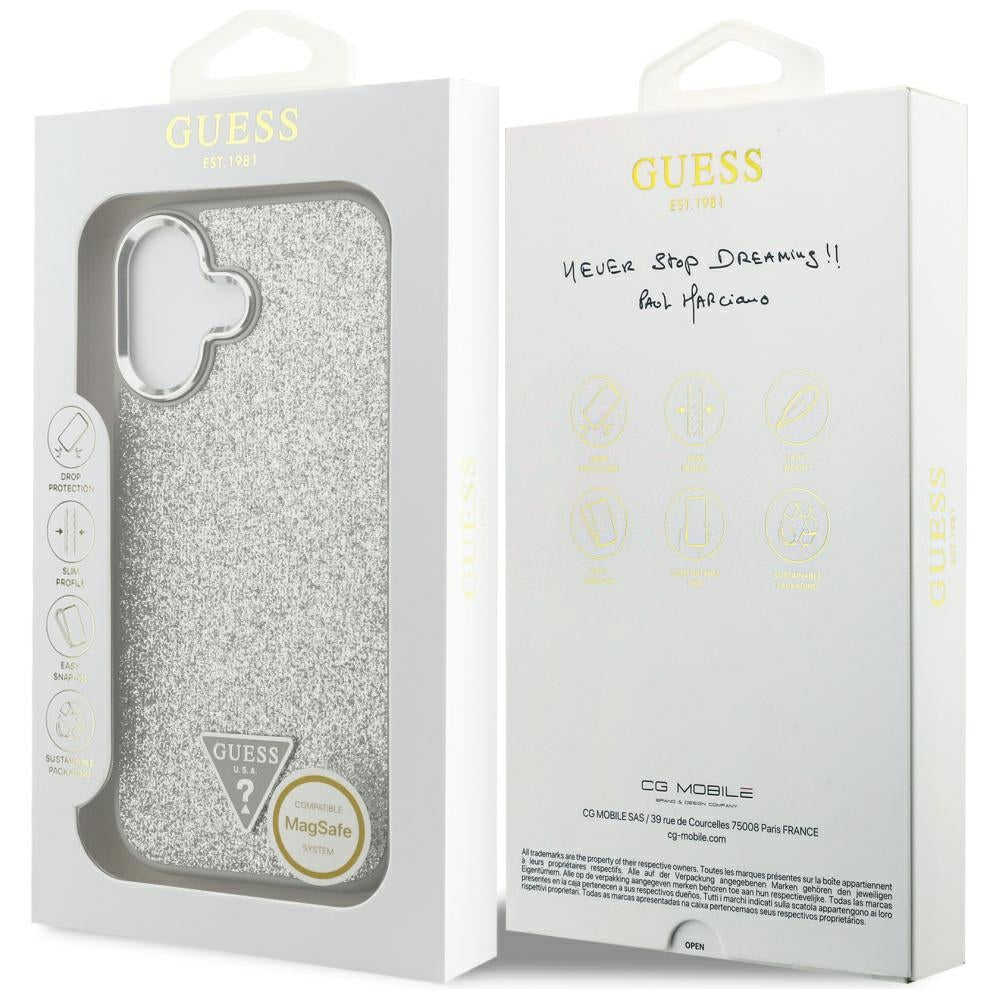 Puzdro MagSafe pre Apple iPhone 17, Guess, Glitter Triangle Logo, Strieborné