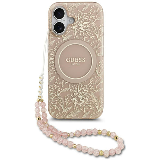Puzdro MagSafe pre Apple iPhone 17, Guess, IML Flowers Allover Electroplated with Pearl Strap, Čierne