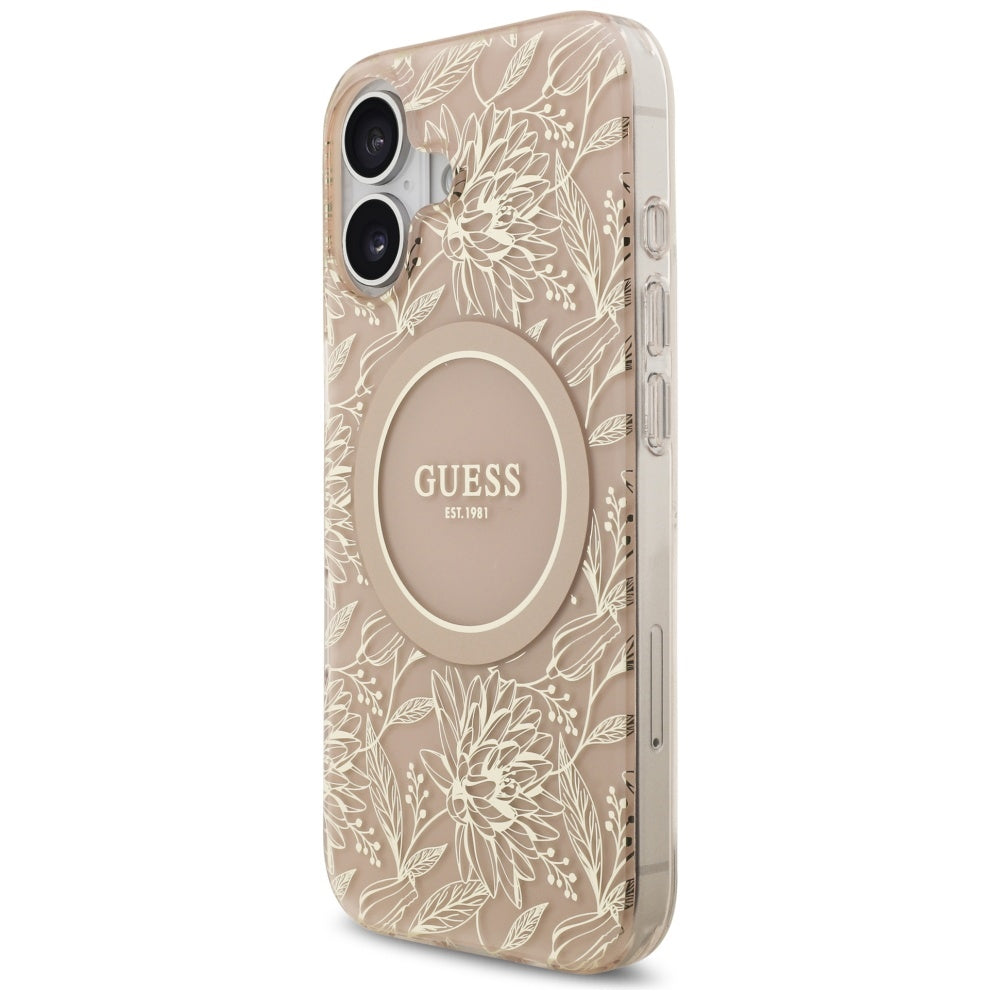Puzdro MagSafe pre Apple iPhone 17, Guess, IML Flowers Allover Electroplated with Pearl Strap, Čierne