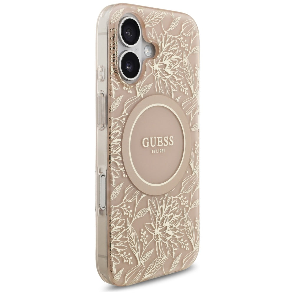 Puzdro MagSafe pre Apple iPhone 17, Guess, IML Flowers Allover Electroplated with Pearl Strap, Čierne
