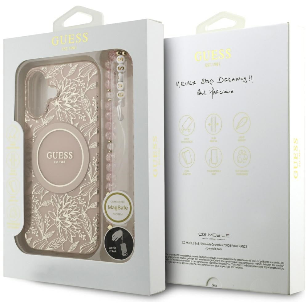 Puzdro MagSafe pre Apple iPhone 17, Guess, IML Flowers Allover Electroplated with Pearl Strap, Čierne