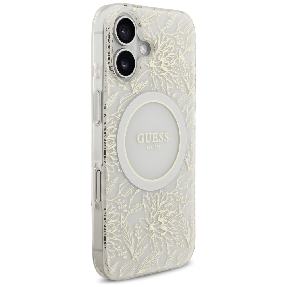 MagSafe Case for Apple iPhone 17, Guess, IML Flowers with Pearl Strap, White