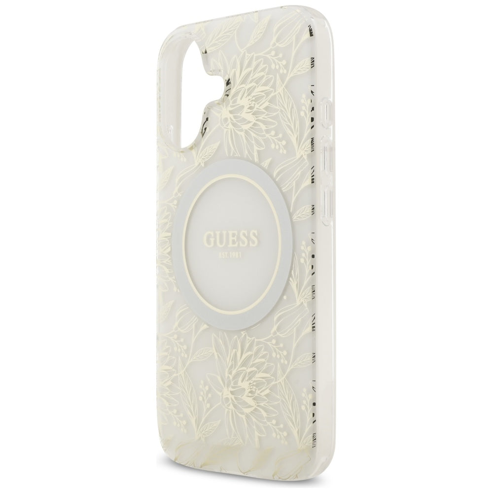 MagSafe Case for Apple iPhone 17, Guess, IML Flowers with Pearl Strap, White