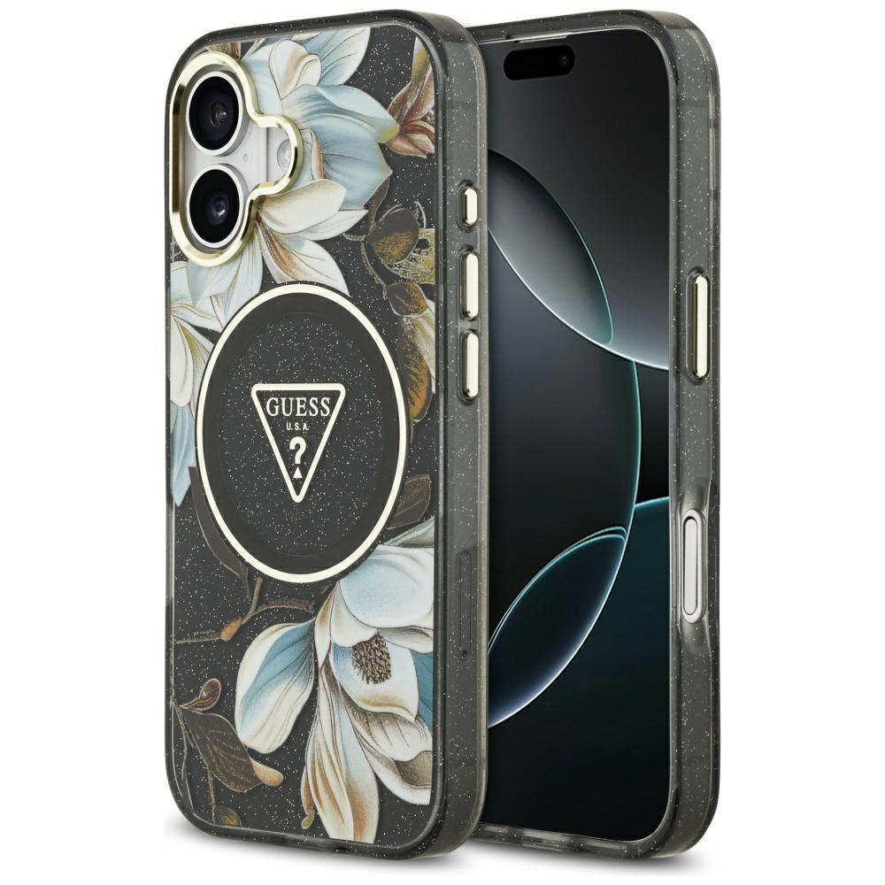 Puzdro MagSafe pre Apple iPhone 17, Guess, IML Metal Glitter Flowers Triangle, Čierne