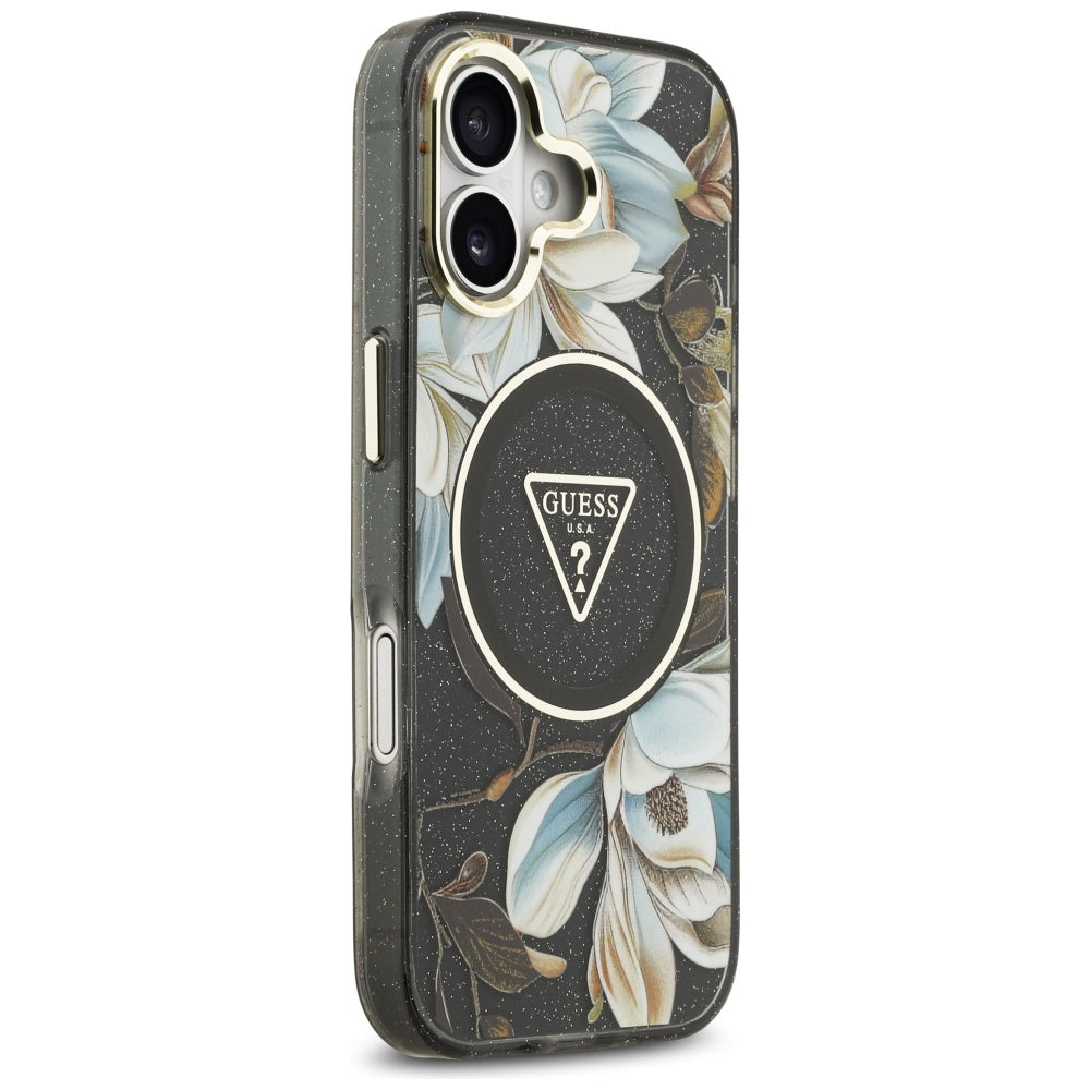 Puzdro MagSafe pre Apple iPhone 17, Guess, IML Metal Glitter Flowers Triangle, Čierne