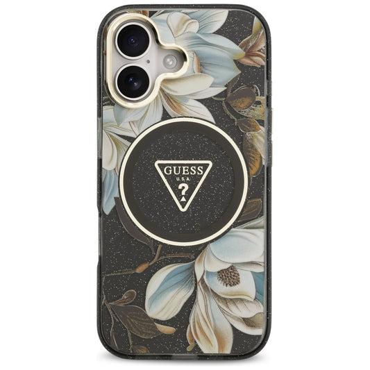 Puzdro MagSafe pre Apple iPhone 17, Guess, IML Metal Glitter Flowers Triangle, Čierne