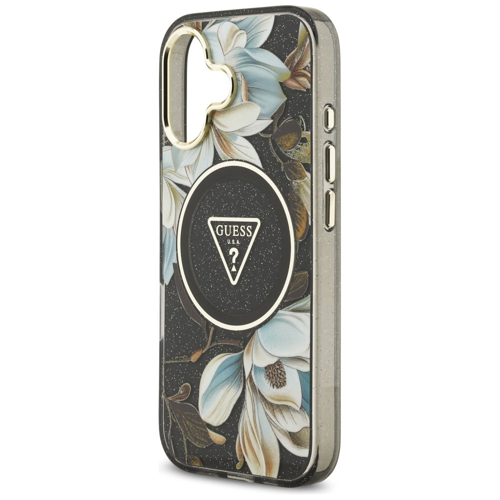 Puzdro MagSafe pre Apple iPhone 17, Guess, IML Metal Glitter Flowers Triangle, Čierne