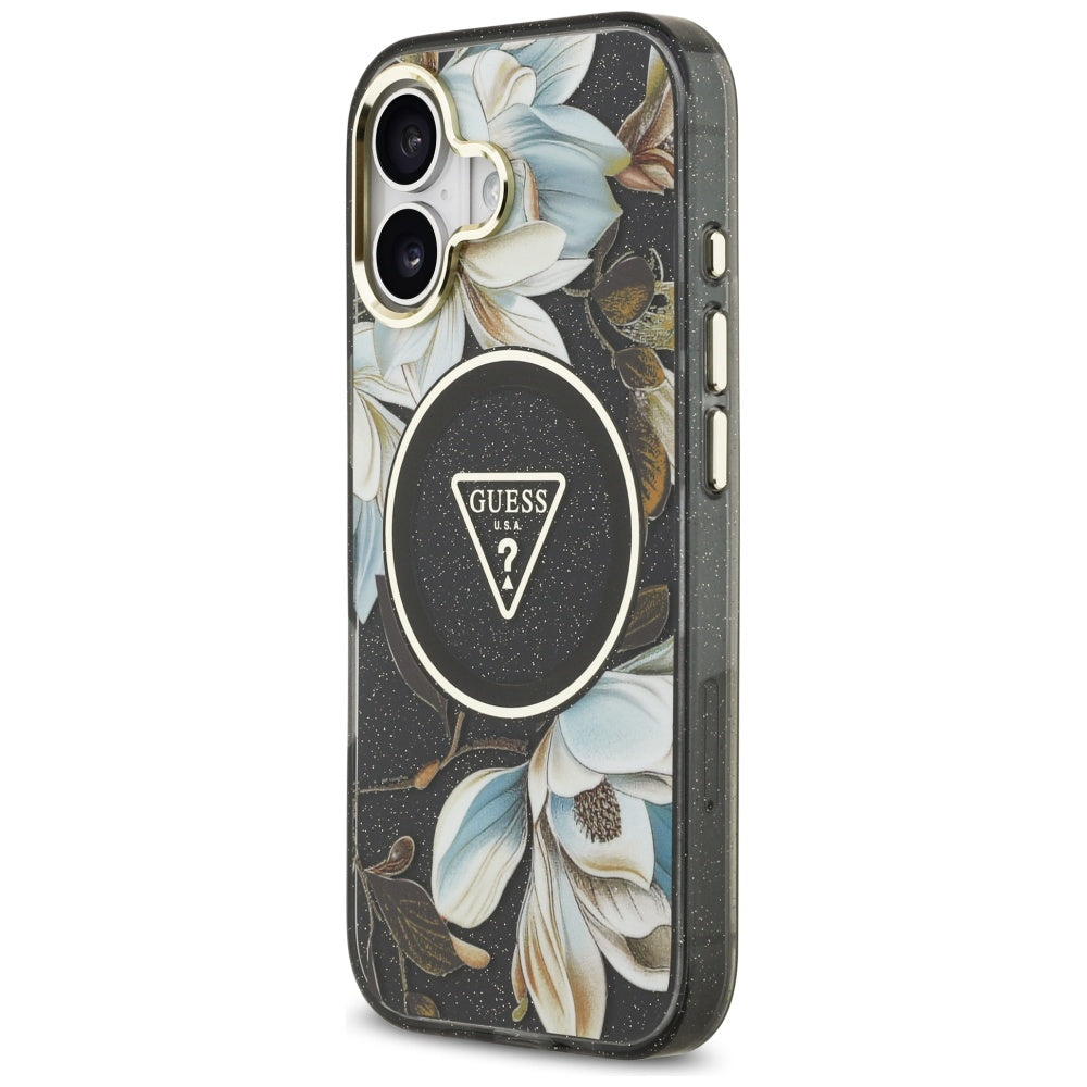 Puzdro MagSafe pre Apple iPhone 17, Guess, IML Metal Glitter Flowers Triangle, Čierne