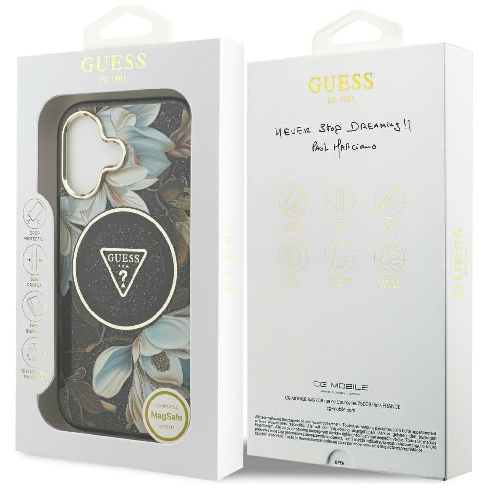 Puzdro MagSafe pre Apple iPhone 17, Guess, IML Metal Glitter Flowers Triangle, Čierne