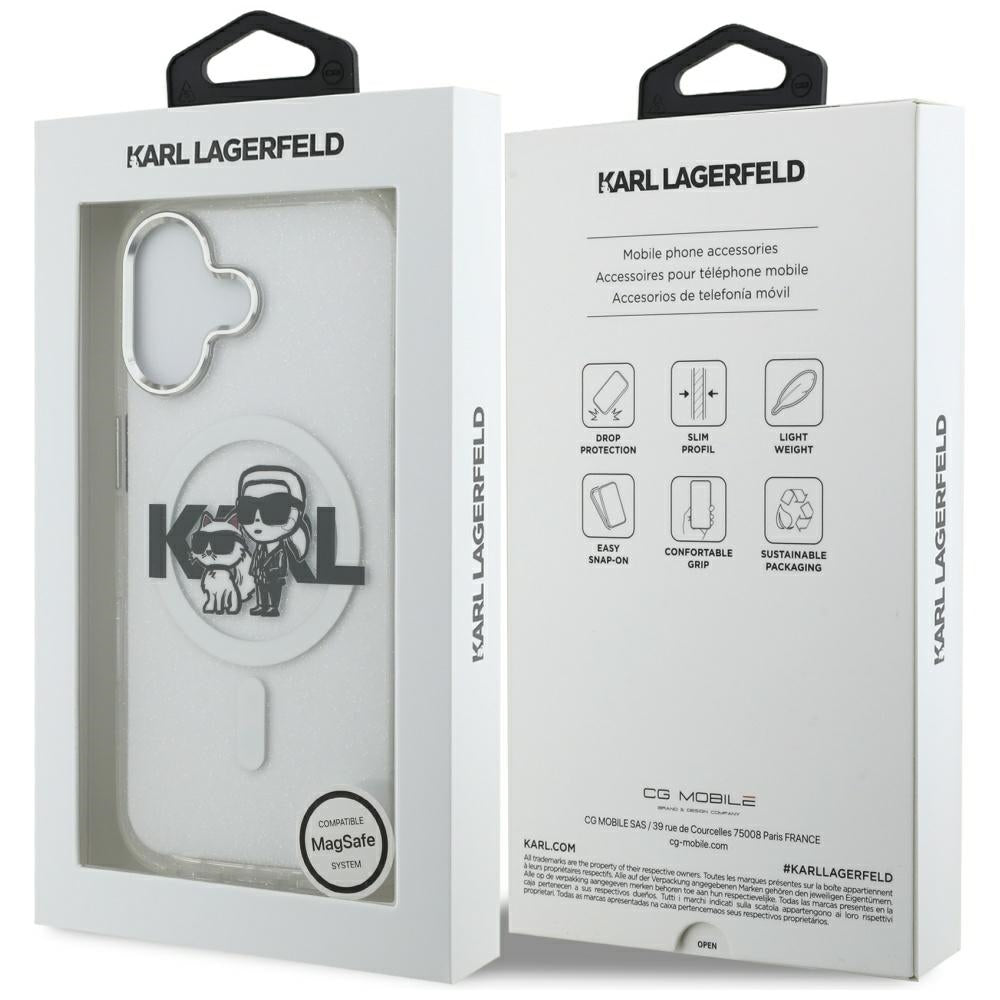 Puzdro MagSafe pre Apple iPhone 17, Karl Lagerfeld, IML Sketch Logo Glitter Karl & Choupette, Transparentné