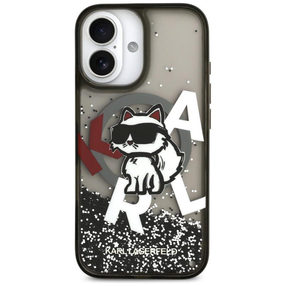 Puzdro MagSafe pre Apple iPhone 17, Karl Lagerfeld, Liquid Glitter Logo Choupette, Čierne