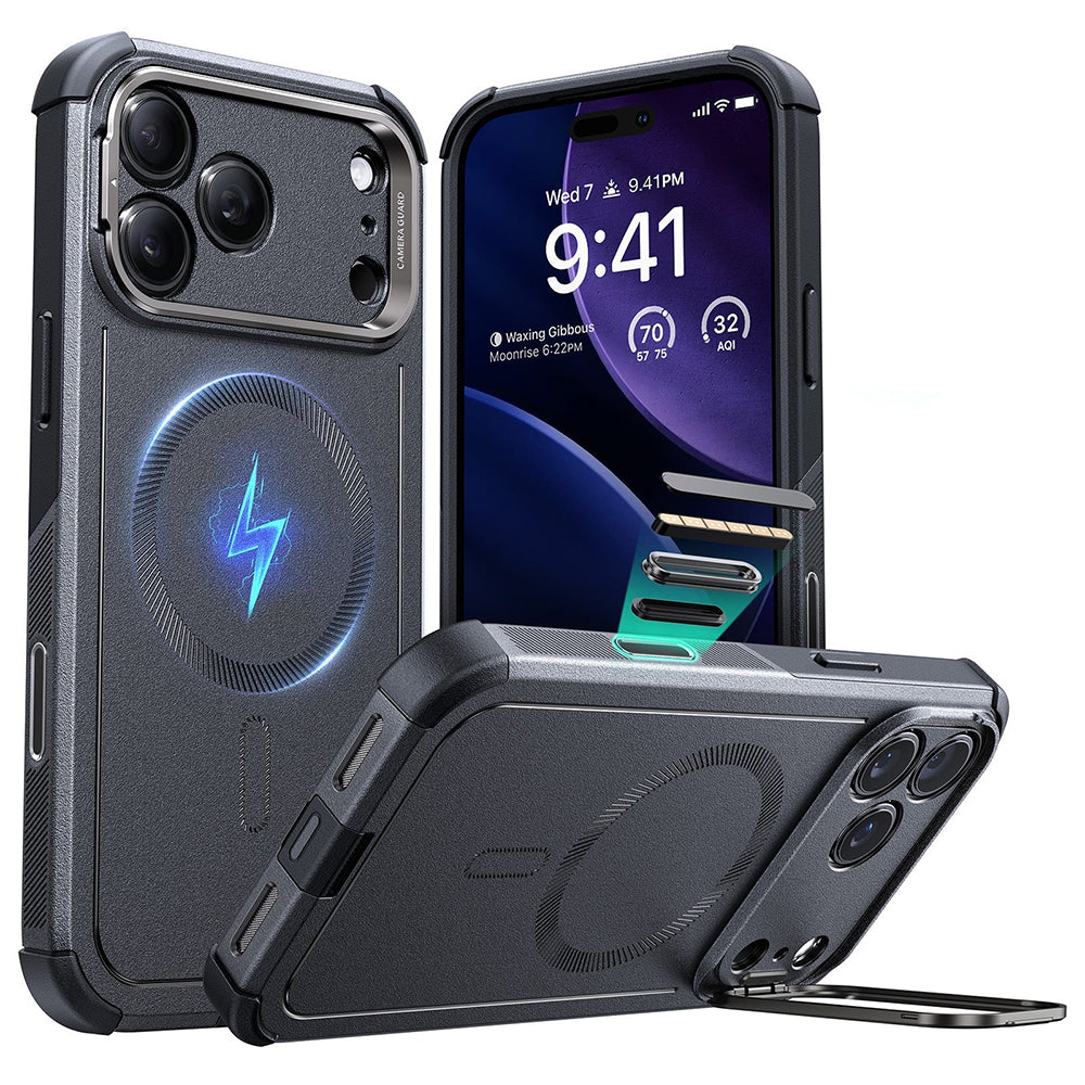 Puzdro MagSafe pre Apple iPhone 17 Pro, ESR, Cyber Armor Kickstand, Sivé