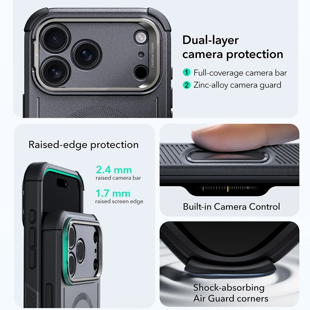 Puzdro MagSafe pre Apple iPhone 17 Pro, ESR, Cyber Armor Kickstand, Sivé