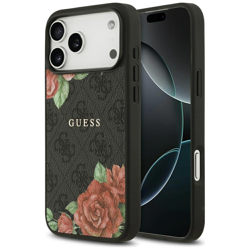 Puzdro MagSafe pre Apple iPhone 17 Pro, Guess, 4G Flowers Print, Čierne