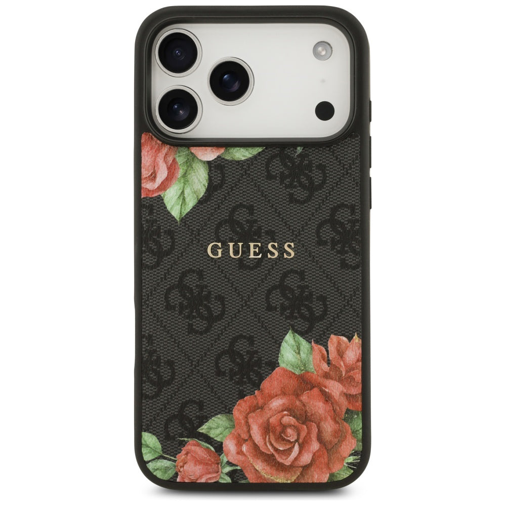 Puzdro MagSafe pre Apple iPhone 17 Pro, Guess, 4G Flowers Print, Čierne
