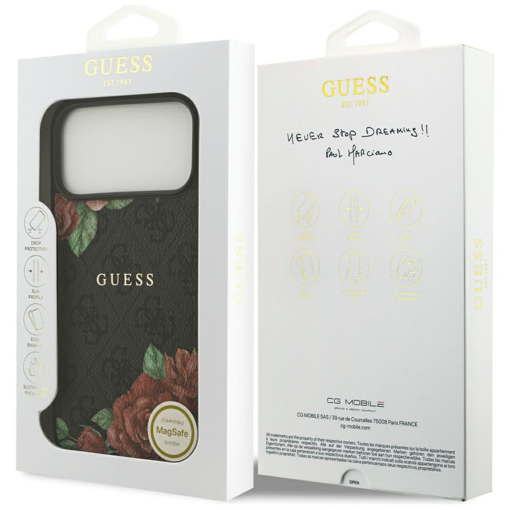 Puzdro MagSafe pre Apple iPhone 17 Pro, Guess, 4G Flowers Print, Čierne